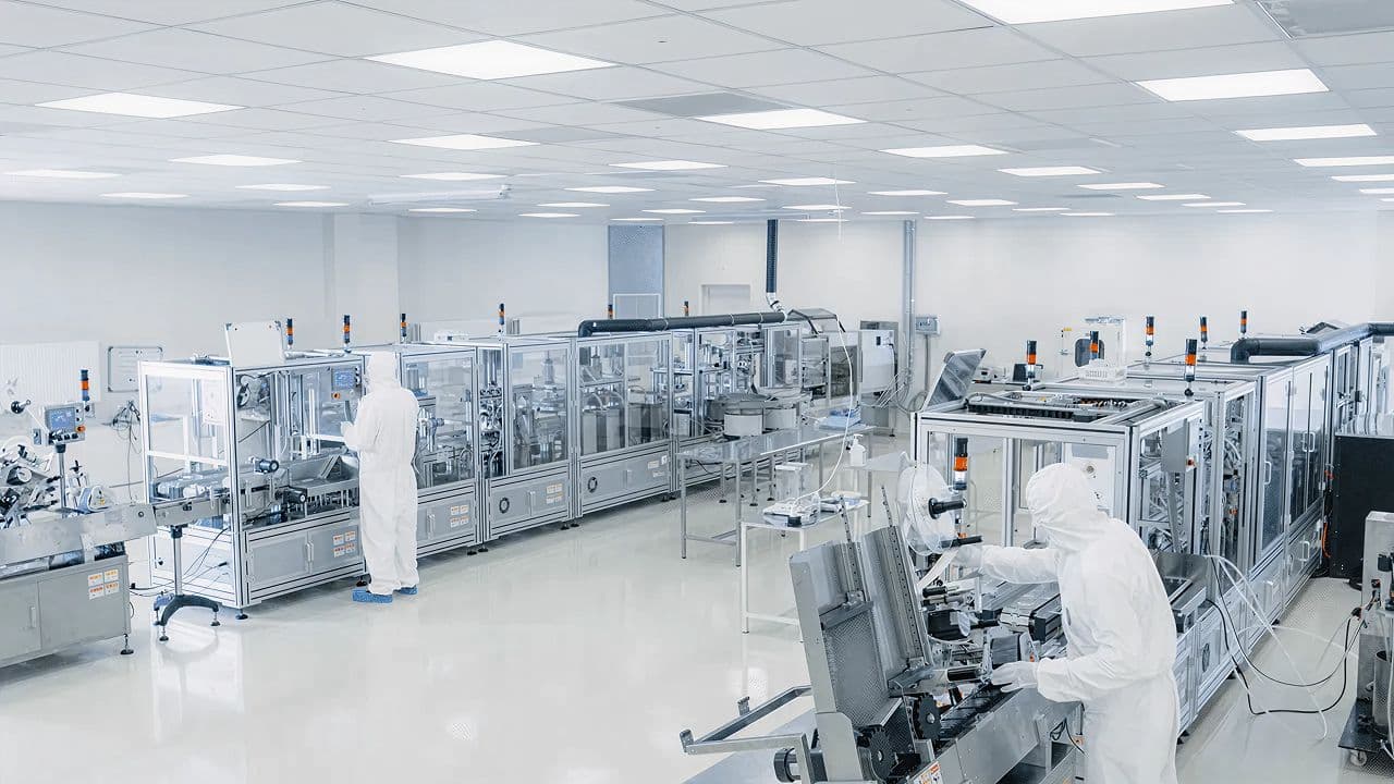 cleanroom with high tech machines and employees working